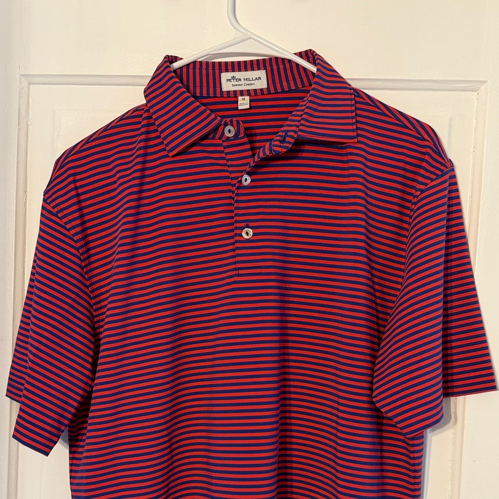 Peter Millar Men's Polo Shirt - Navy and Red Stripes